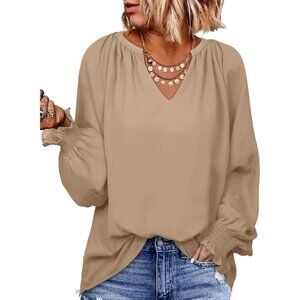 Women Light French Beige Smocked Long Sleeve V Neck Casual Chiffon Shirt Top